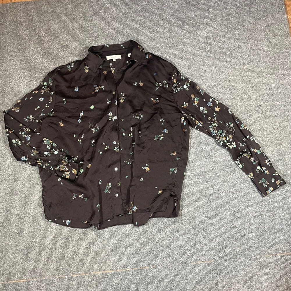 Vince Silk Blouse Womens Medium Black Floral Long Sleeve Button Down Top